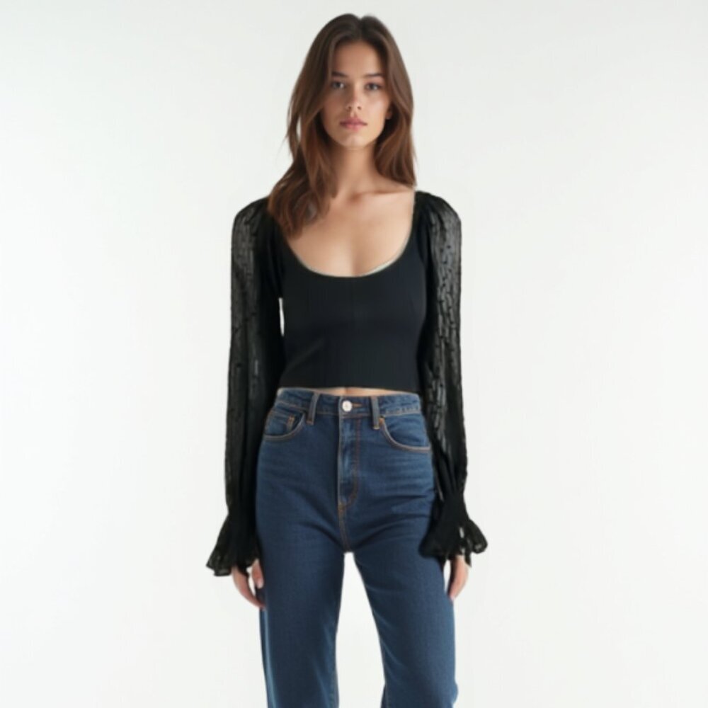 Black Lace Sleeve Ribbed Crop Top - Women